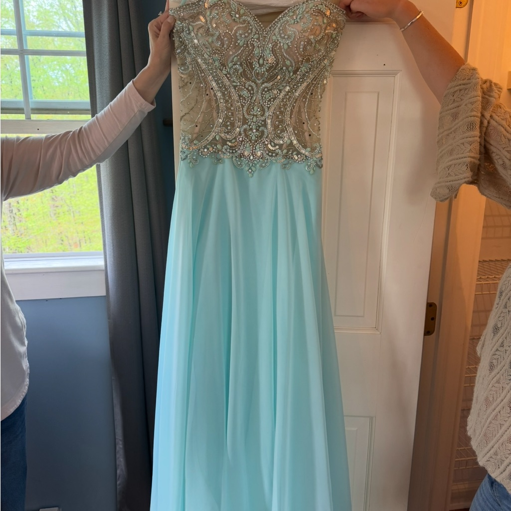 Aqua Satin Strapless Prom Gown